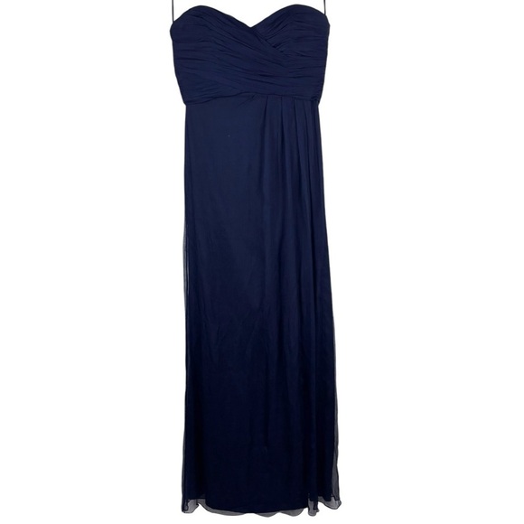 AMSALE NAVY BLUE SILK CRINKLE CHIFFON SWEETHEART STRAPLESS FORMAL GOWN DRESS - Picture 2 of 13